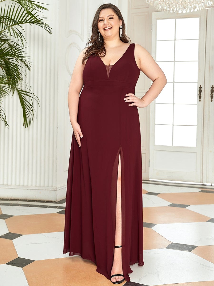 Bow Tie Backless Chiffon High Slit Bridesmaid Dress #color_Burgundy 