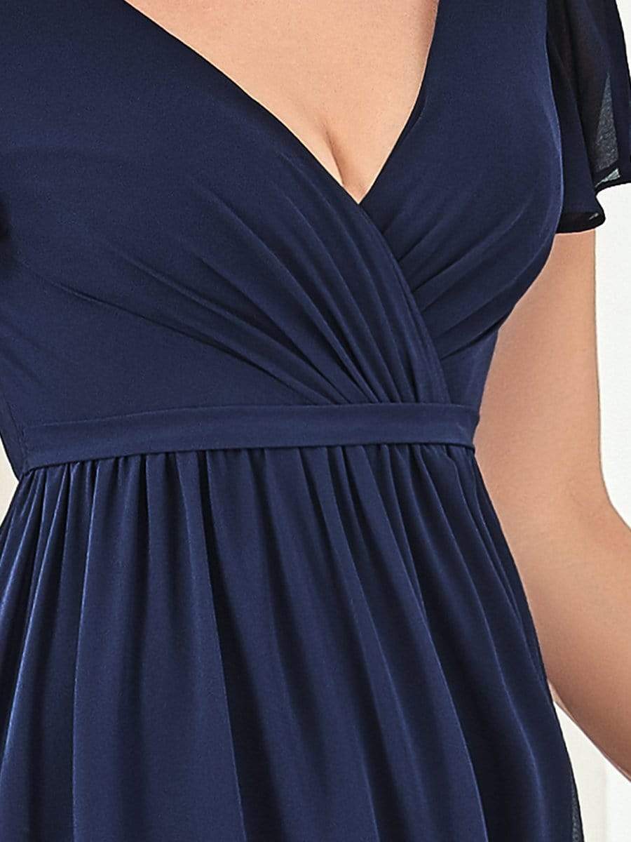 Flutter Sleeve Plunging V-Neck Sheer Bridesmaid Dress #color_Navy Blue 