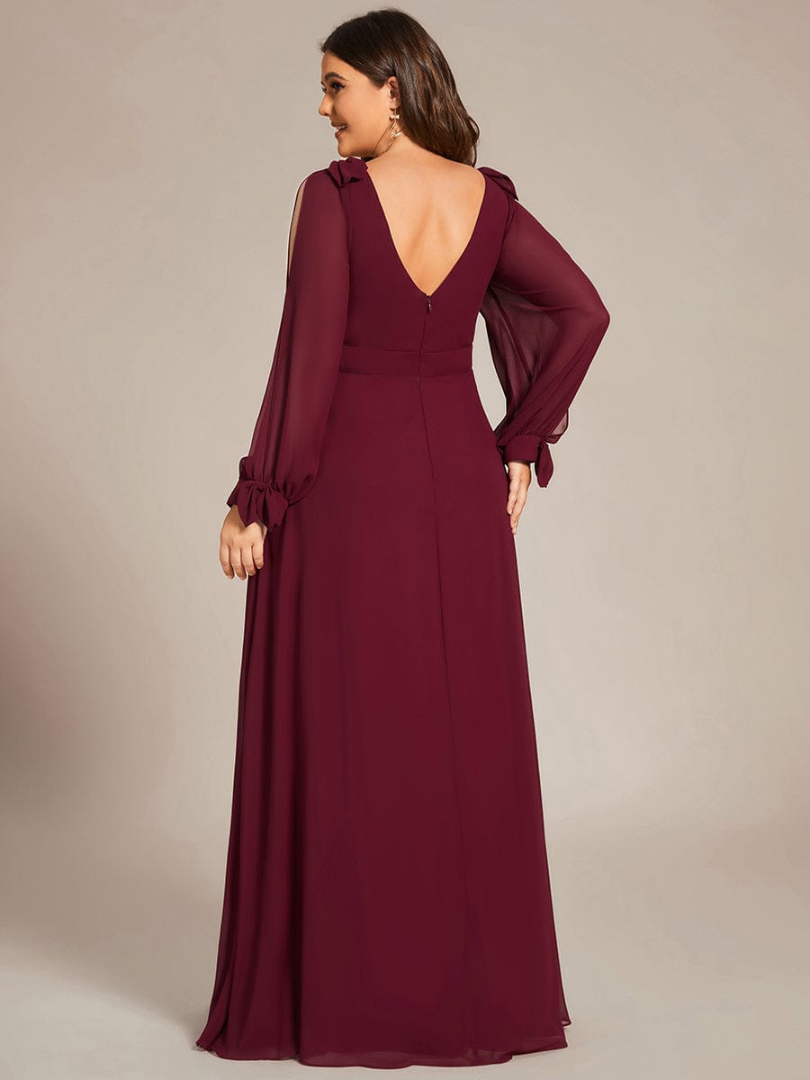 Custom Size Double V-Neck High Slit Long Sleeve Formal Dresses #color_Burgundy 