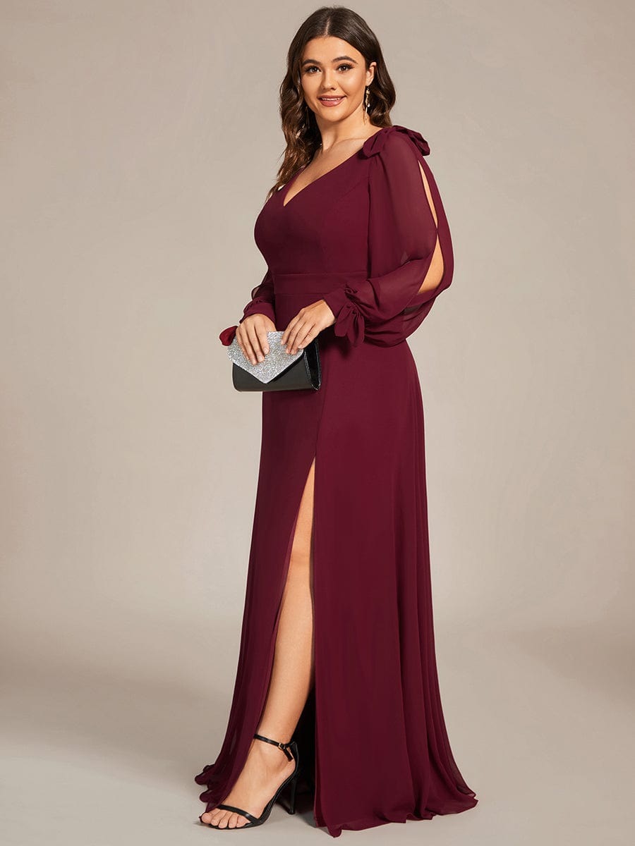 Custom Size Double V-Neck High Slit Long Sleeve Formal Dresses #color_Burgundy 