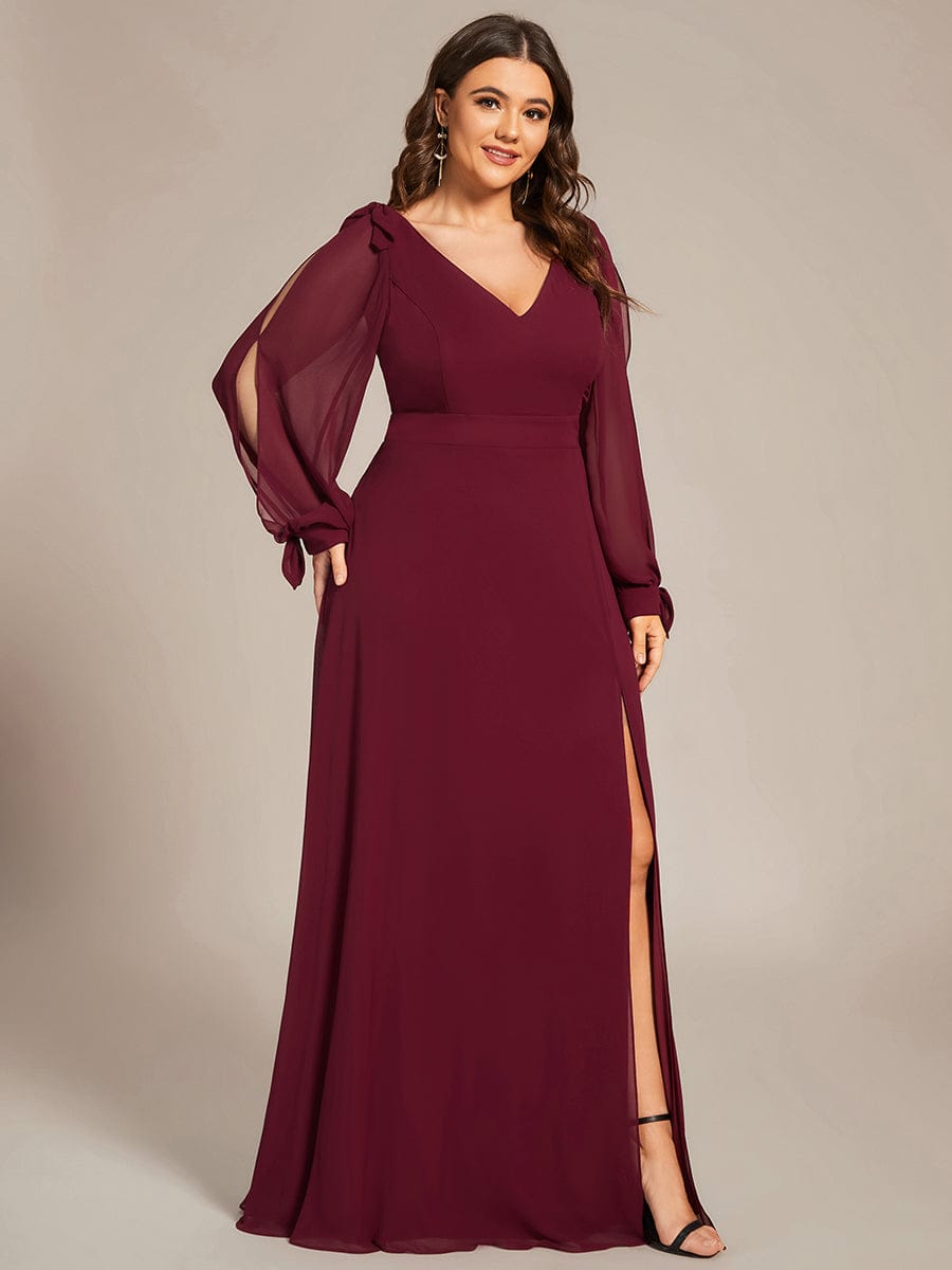 Custom Size Double V-Neck High Slit Long Sleeve Formal Dresses #color_Burgundy 