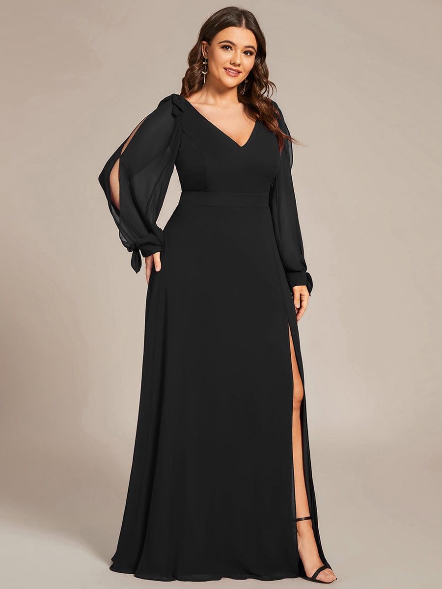 Plus Size Open Lantern Sleeve A-Line Bridesmaid Dress #color_Black