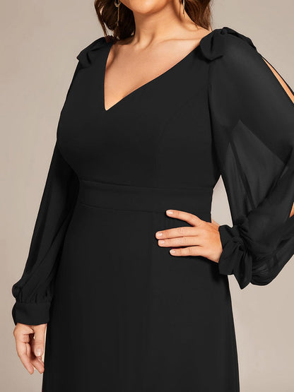 Custom Size Double V-Neck High Slit Long Sleeve Formal Dresses #color_Black