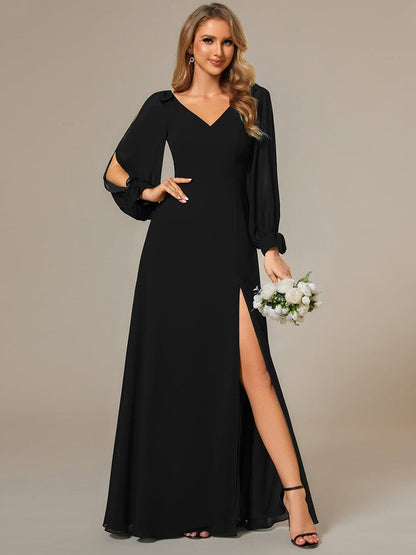 Open Lantern Sleeve A-Line Bridesmaid Dress #color_Black