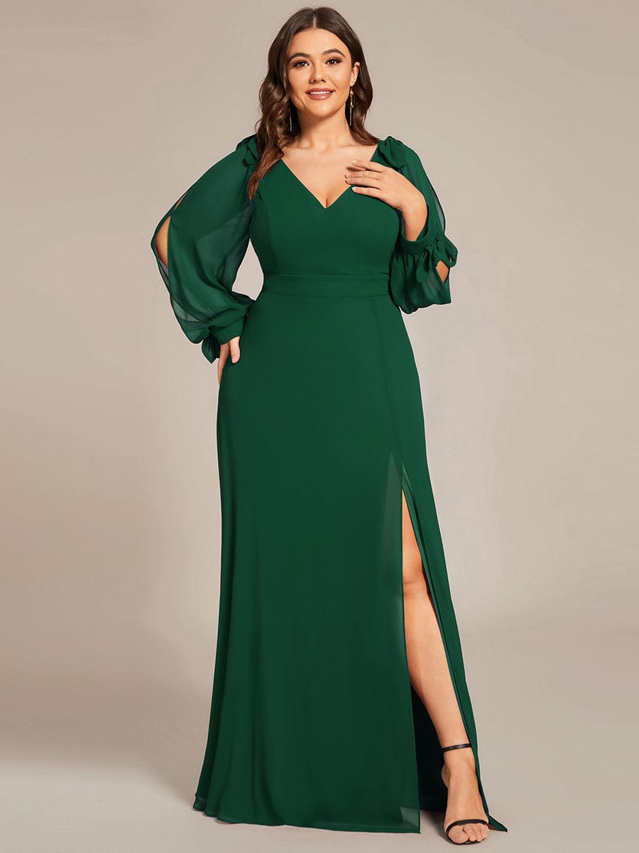 Custom Size Double V-Neck High Slit Long Sleeve Formal Dresses #color_Dark Green