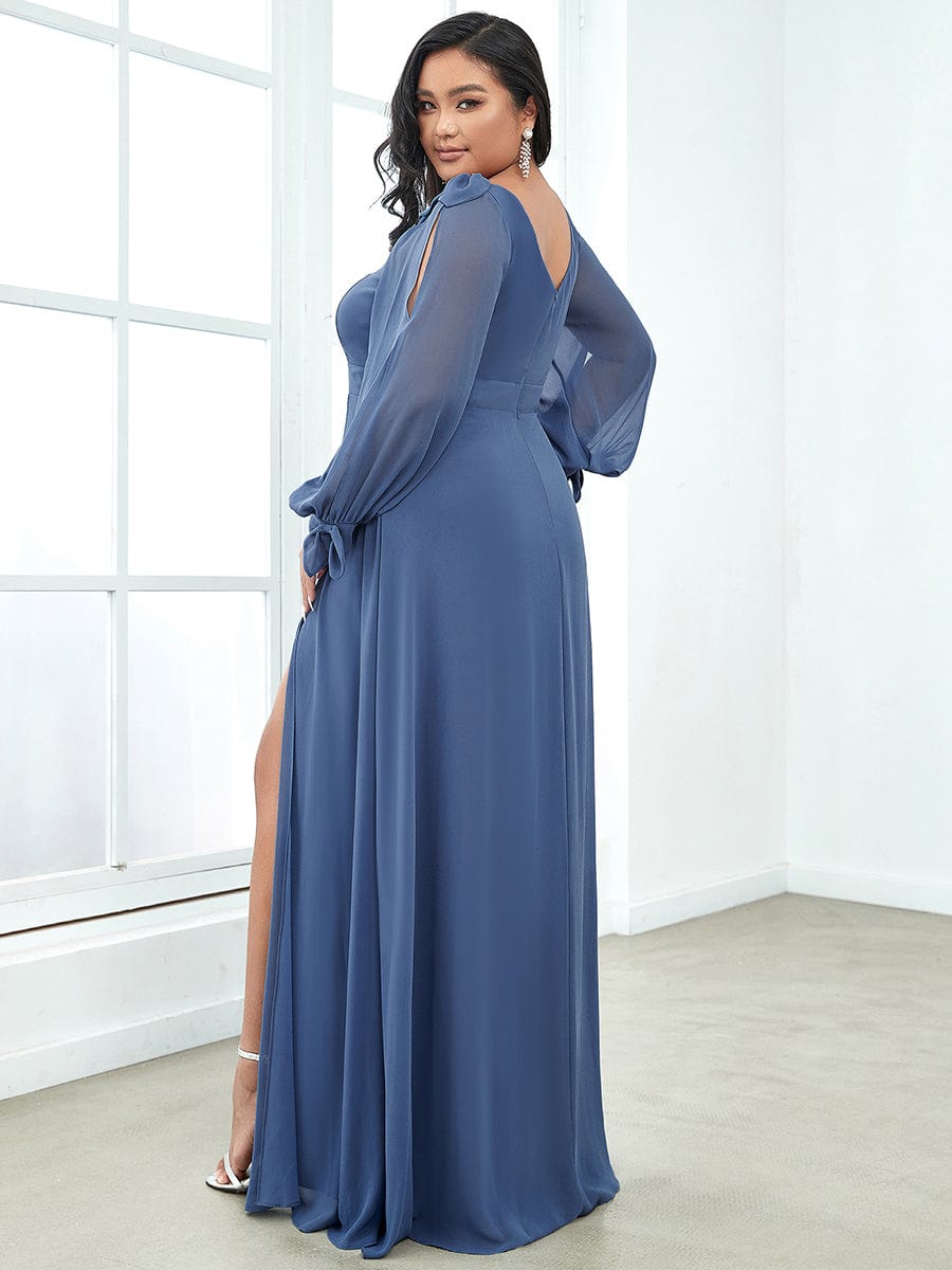 Plus Size Open Lantern Sleeve A-Line Bridesmaid Dress #color_Dusty Navy 