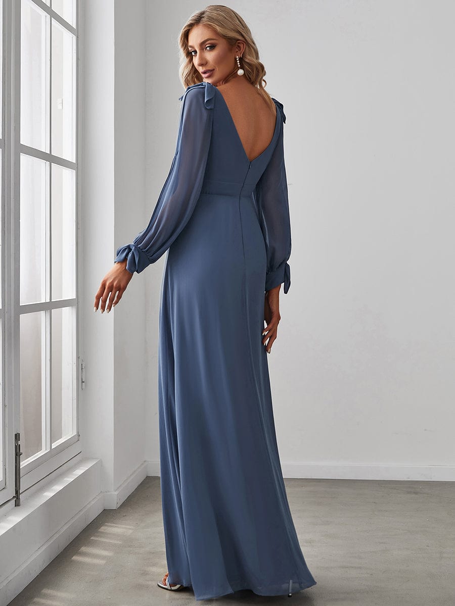 Open Lantern Sleeve A-Line Bridesmaid Dress #color_Dusty Navy