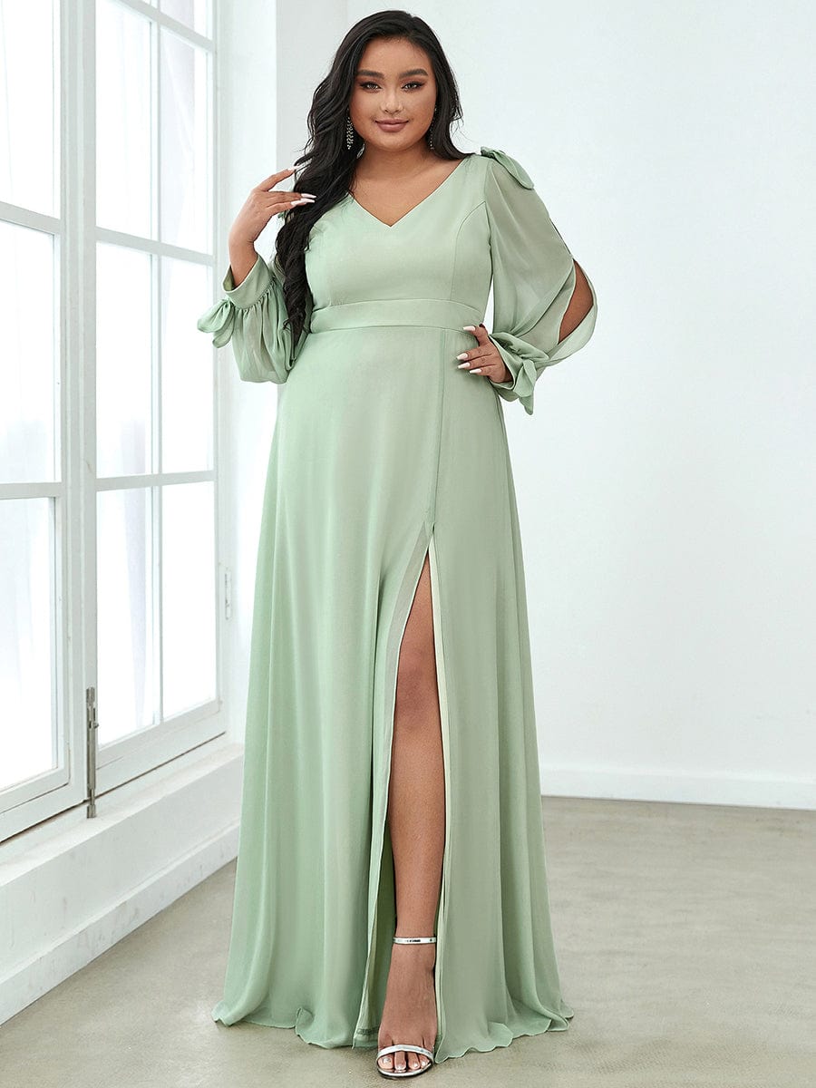 Custom Size Double V-Neck High Slit Long Sleeve Formal Dresses #color_Mint Green 