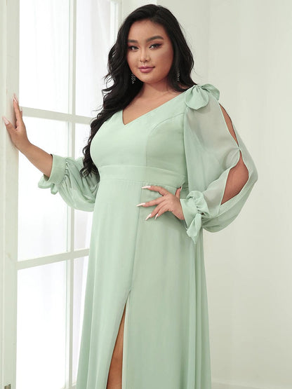 Custom Size Double V-Neck High Slit Long Sleeve Formal Dresses #color_Mint Green 