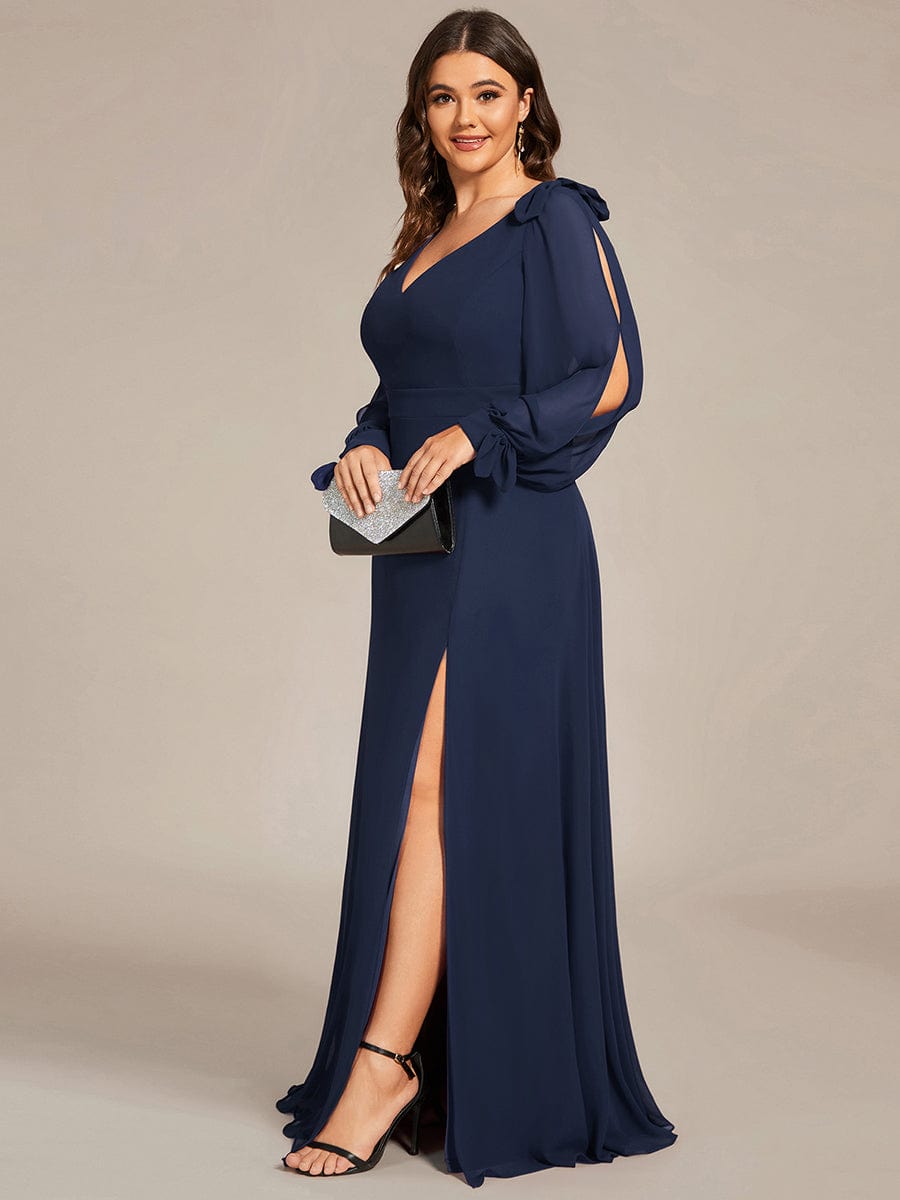 Plus Size Open Lantern Sleeve A-Line Bridesmaid Dress #color_Navy Blue