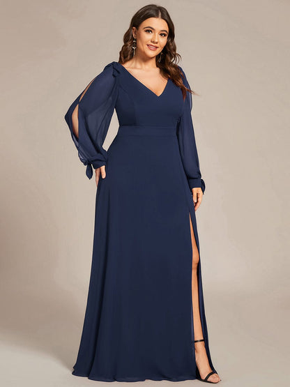 Open Lantern Sleeve A-Line Bridesmaid Dress #color_Navy Blue