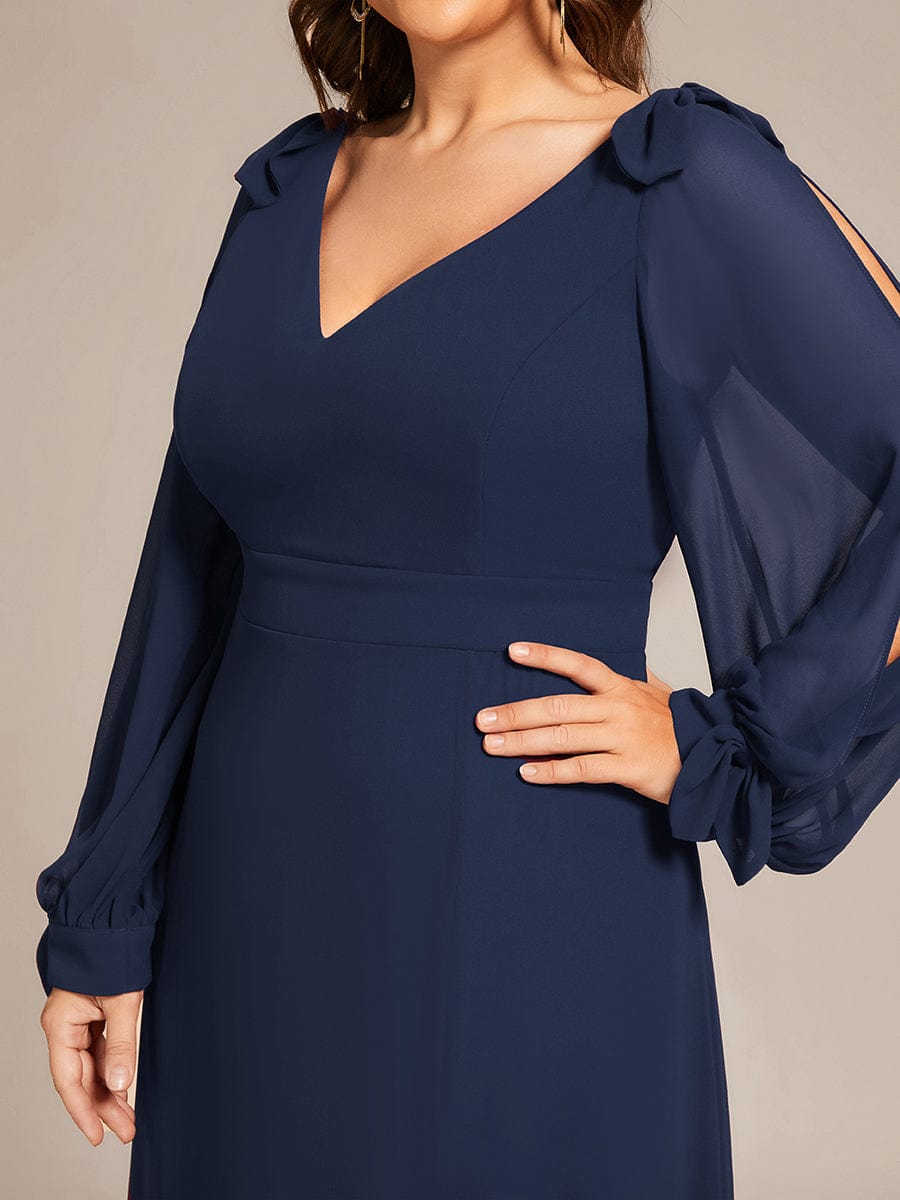 Custom Size Double V-Neck High Slit Long Sleeve Formal Dresses #color_Navy Blue