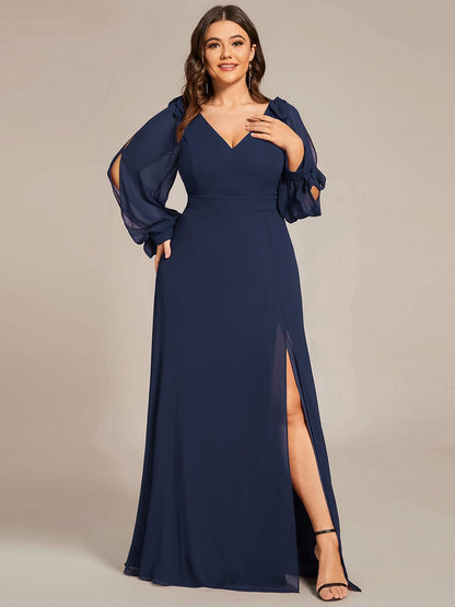 Plus Size Open Lantern Sleeve A-Line Bridesmaid Dress #color_Navy Blue