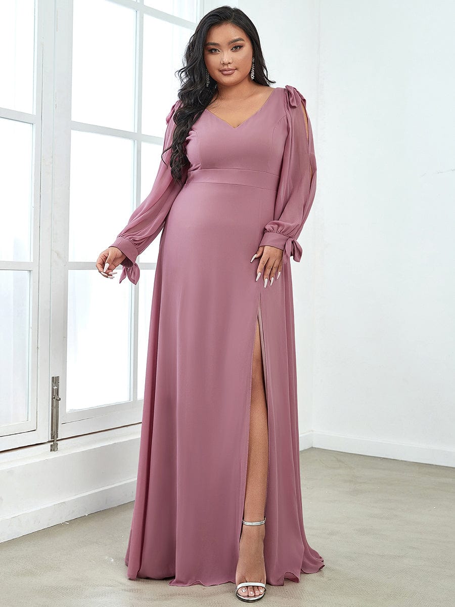 Custom Size Double V-Neck High Slit Long Sleeve Formal Dresses #color_Purple Orchid 