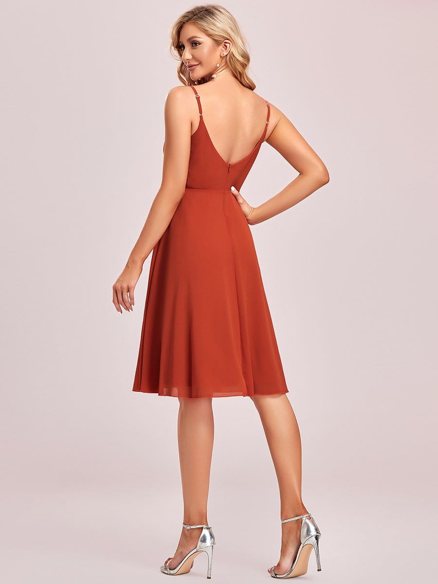 Color=Burnt Orange | Spaghetti Strap V-Neck Knee-Length Bridesmaid Dress-Burnt Orange 7