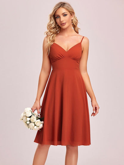 Color=Burnt Orange | Spaghetti Strap V-Neck Knee-Length Bridesmaid Dress-Burnt Orange 6