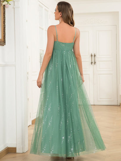 Spaghetti Strap V-Neck Empire Waist Sparkling Bump Friendly Dress #color_Green Bean 