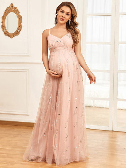 Spaghetti Strap V-Neck Empire Waist Sparkling Bump Friendly Dress #color_Pink 