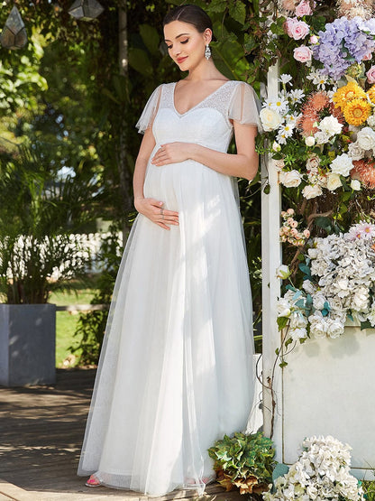 Sequin Sweetheart Sheer Flutter Sleeve Tulle Empire Waist Maternity Dress