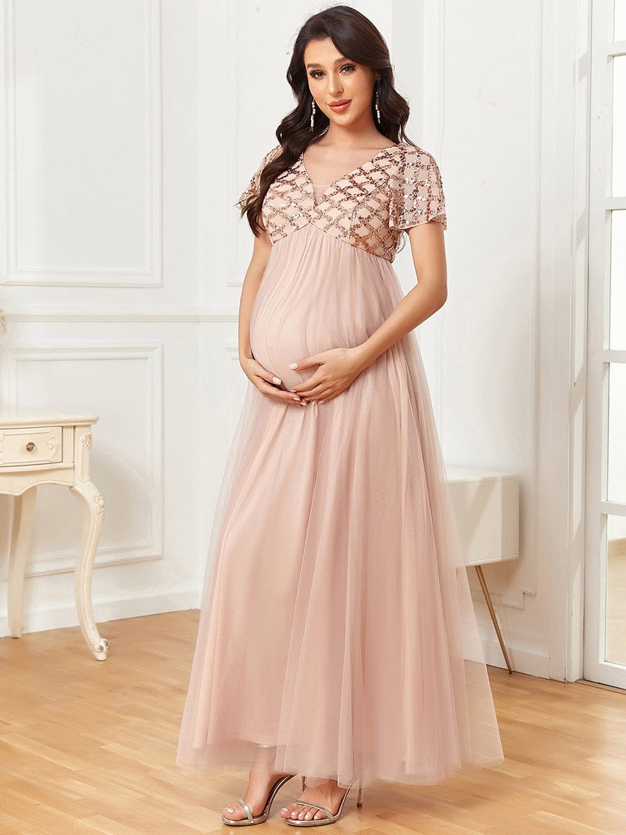 Sequin Short Sleeve Empire Waist Pleated Tulle Maternity Dress #Color_Rose Gold