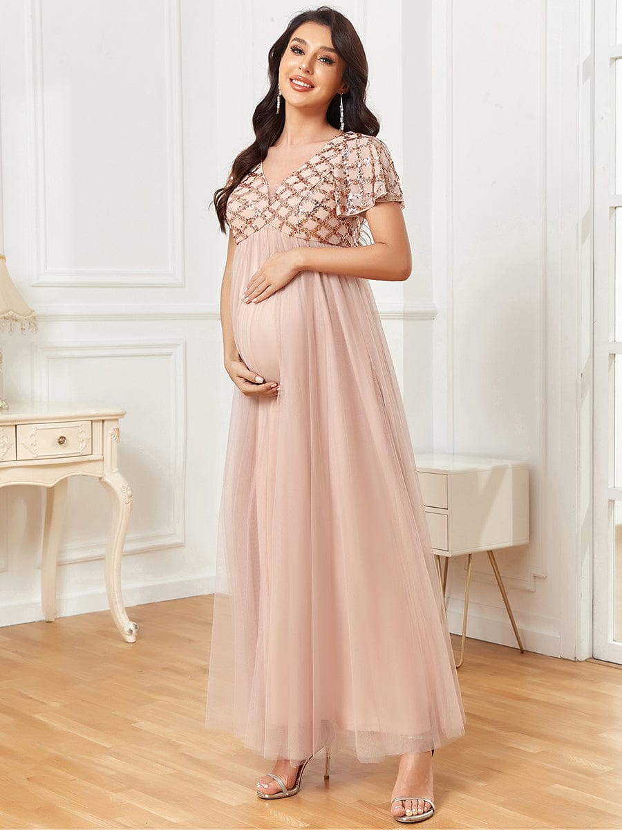 Sequin Short Sleeve Empire Waist Pleated Tulle Maternity Dress #Color_Rose Gold