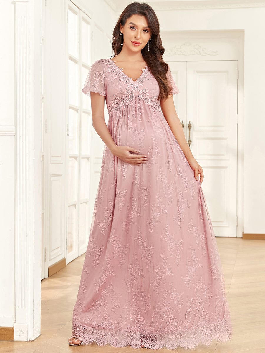 Short Sleeve Lace Bohemian V-Neck Side Slit A-Line Maternity Dress #Color_Dusty Rose