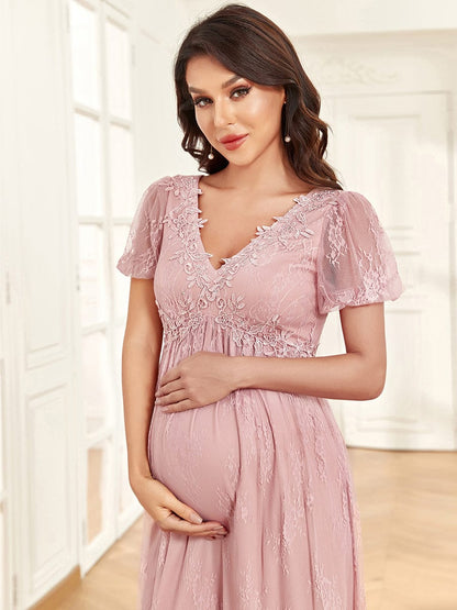 Short Sleeve Lace Bohemian V-Neck Side Slit A-Line Maternity Dress #Color_Dusty Rose