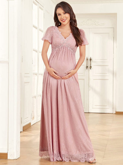 Short Sleeve Lace Bohemian V-Neck Side Slit A-Line Maternity Dress