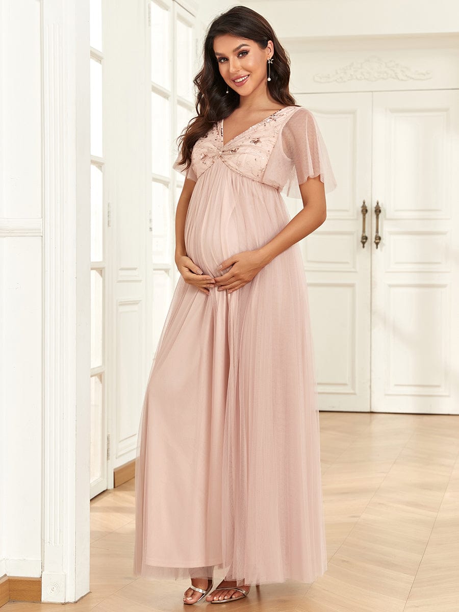 Short Sleeve V-Neck Sequin Tulle A-Line Maternity Dress #Color_Rose Gold