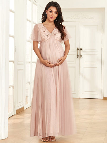 Short Sleeve V-Neck Sequin Tulle A-Line Maternity Dress #Color_Rose Gold