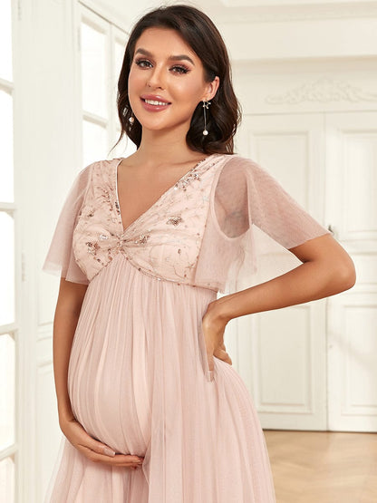 Short Sleeve V-Neck Sequin Tulle A-Line Maternity Dress #Color_Rose Gold