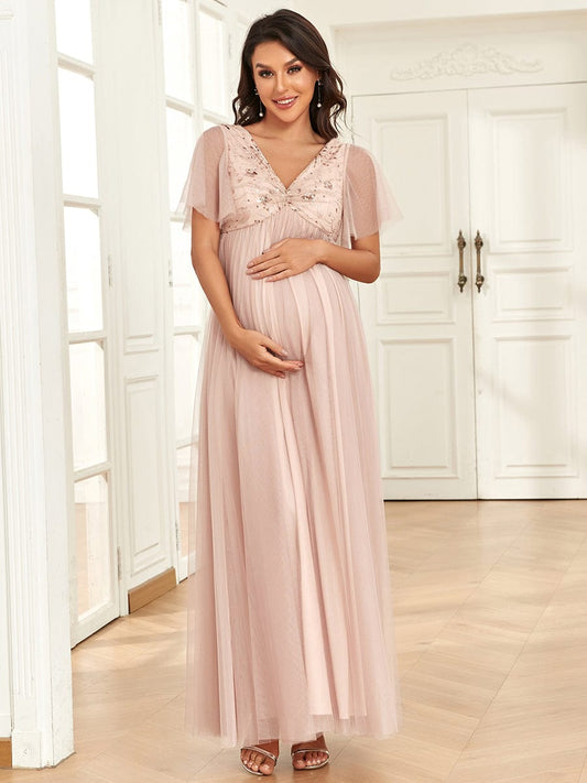 Short Sleeve V-Neck Sequin Tulle A-Line Maternity Dress #Color_Rose Gold