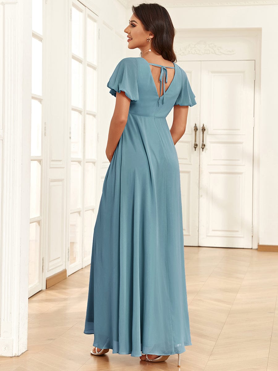 Chiffon Pleated V-Neck Tie-Back A-Line Maternity Dress #Color_Dusty Blue