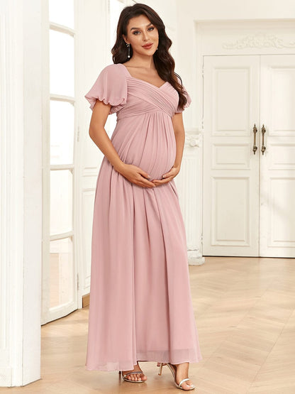 Chiffon Pleated V-Neck Tie-Back A-Line Maternity Dress #Color_Dusty Rose