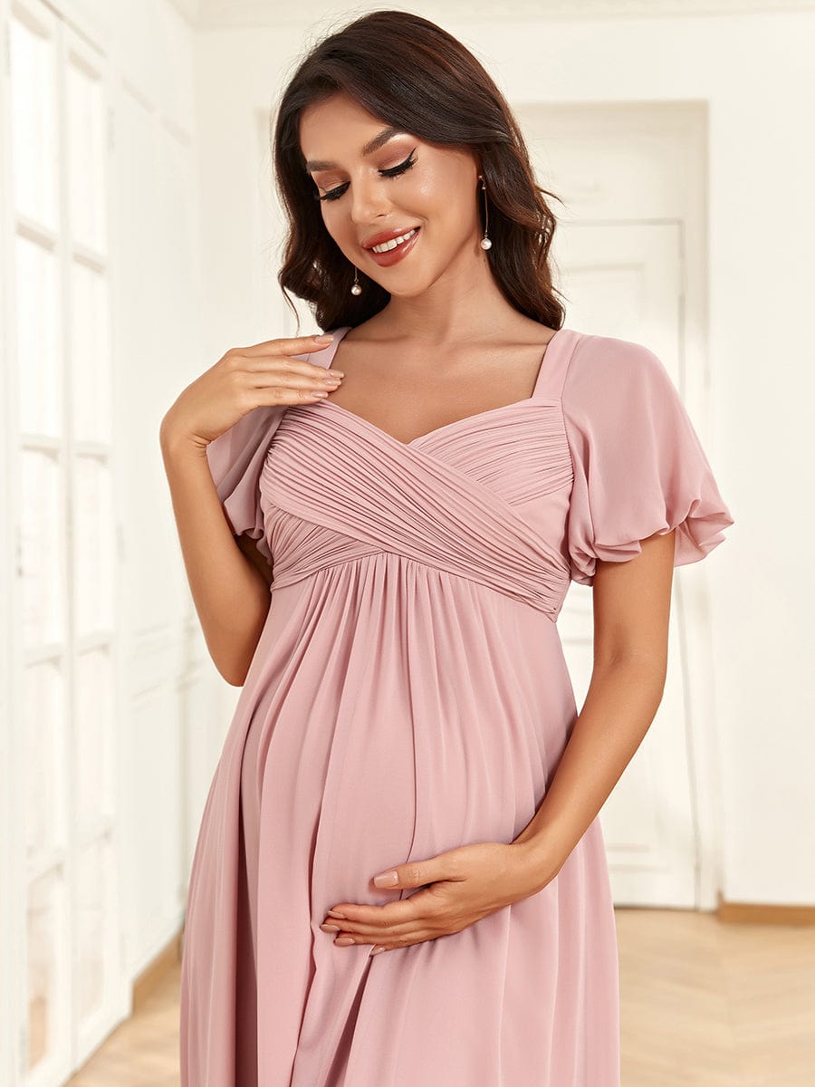 Chiffon Pleated V-Neck Tie-Back A-Line Maternity Dress #Color_Dusty Rose