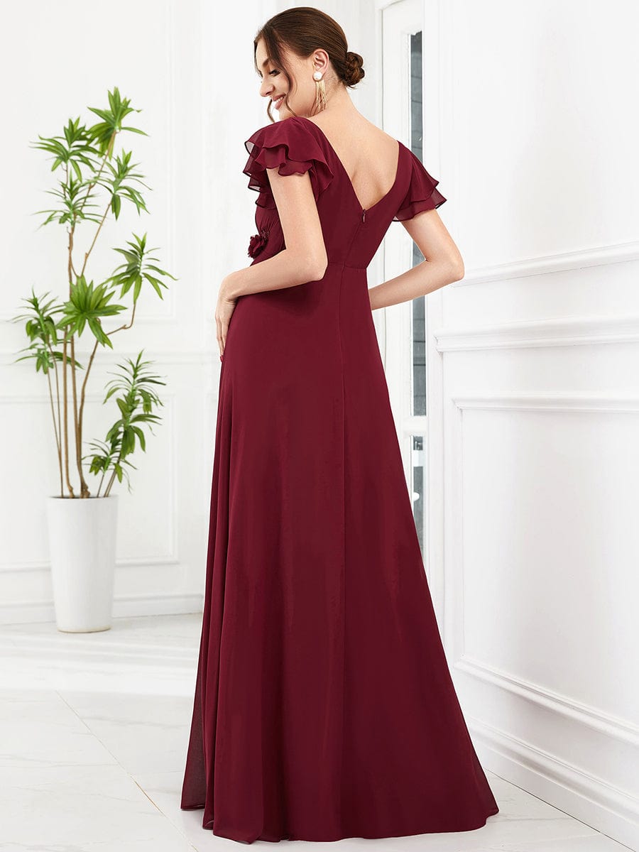 Chiffon Ruffled Short Sleeve Corsage A-Line Maternity Dress #Color_Burgundy