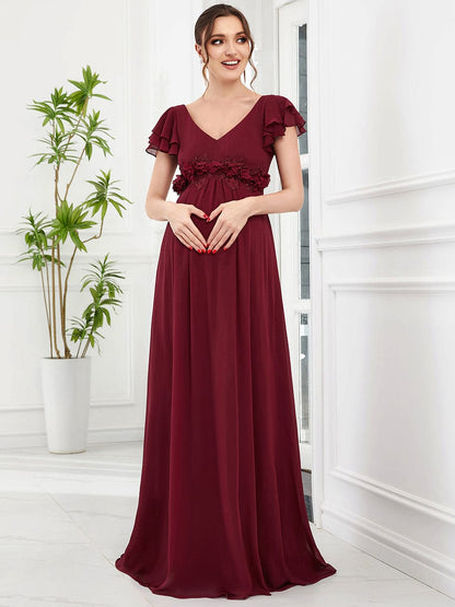 Chiffon Ruffled Short Sleeve Corsage A-Line Maternity Dress #Color_Burgundy