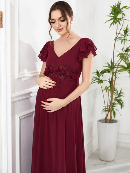 Chiffon Ruffled Short Sleeve Corsage A-Line Maternity Dress #Color_Burgundy