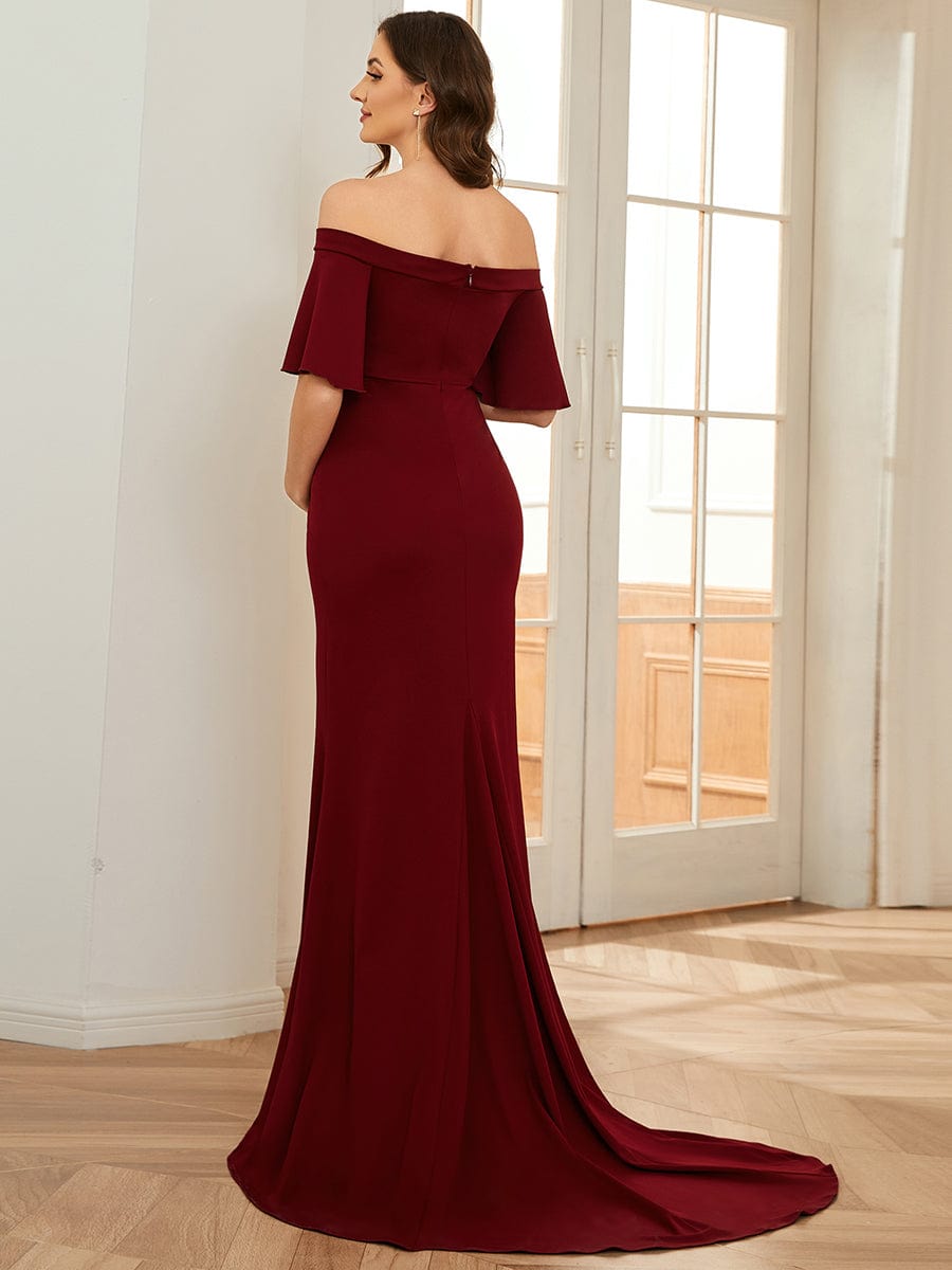 V-Neck Off-Shoulder A-Line Fishtail Maternity Dress #Color_Burgundy