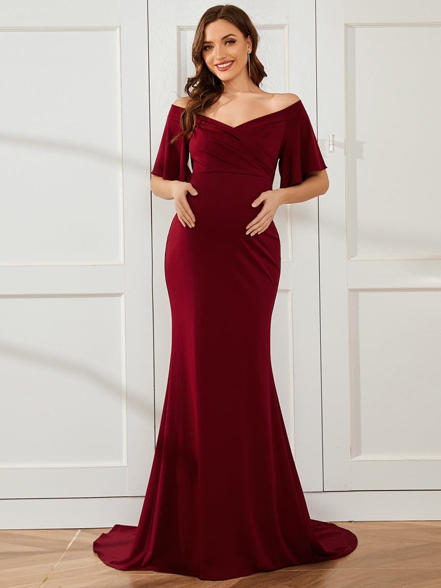 V-Neck Off-Shoulder A-Line Fishtail Maternity Dress #Color_Burgundy