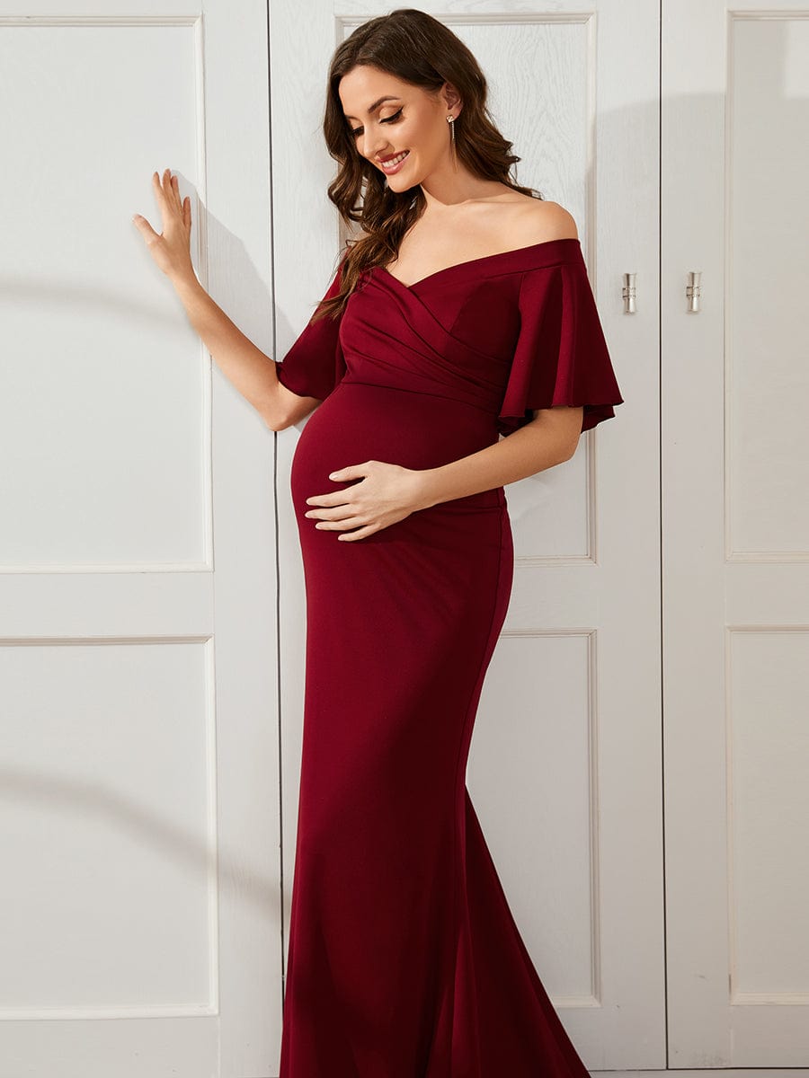 V-Neck Off-Shoulder A-Line Fishtail Maternity Dress #Color_Burgundy