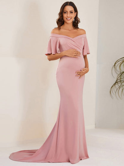 V-Neck Off-Shoulder A-Line Fishtail Maternity Dress #Color_Dusty Rose