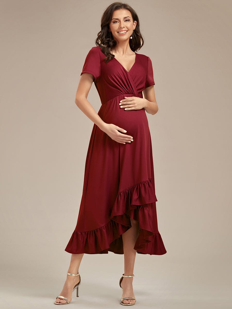 Ruffles High Low Hemline V-Neck High Stretch Maternity Dress #color_Burgundy