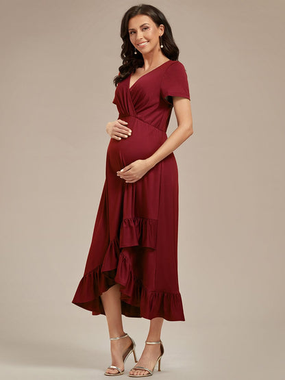 Ruffles High Low Hemline V-Neck High Stretch Maternity Dress #color_Burgundy