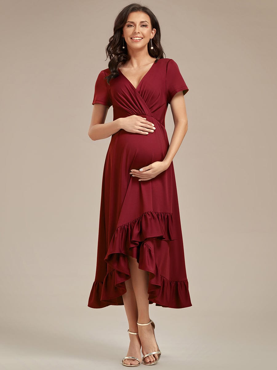 Ruffles High Low Hemline V-Neck High Stretch Maternity Dress #color_Burgundy