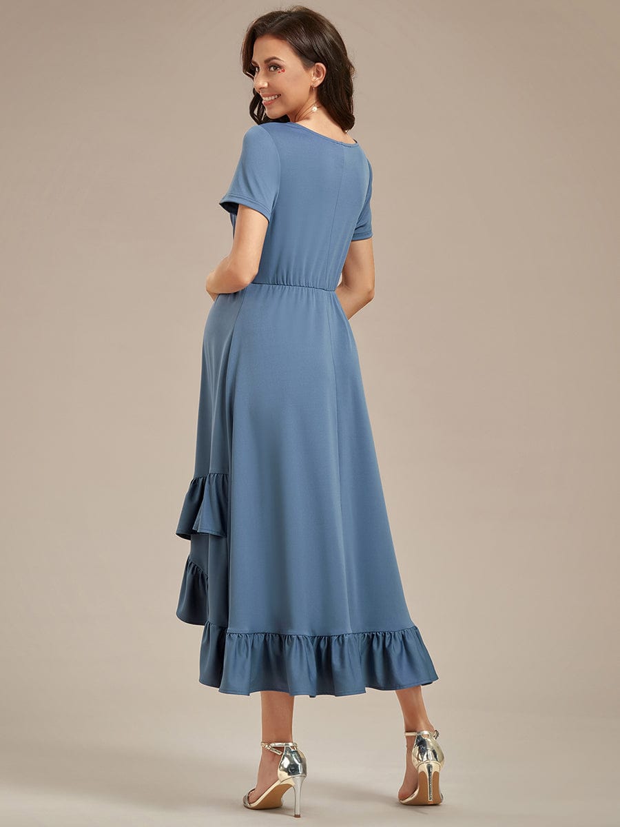 Ruffles High Low Hemline V-Neck High Stretch Maternity Dress #color_Dusty Navy