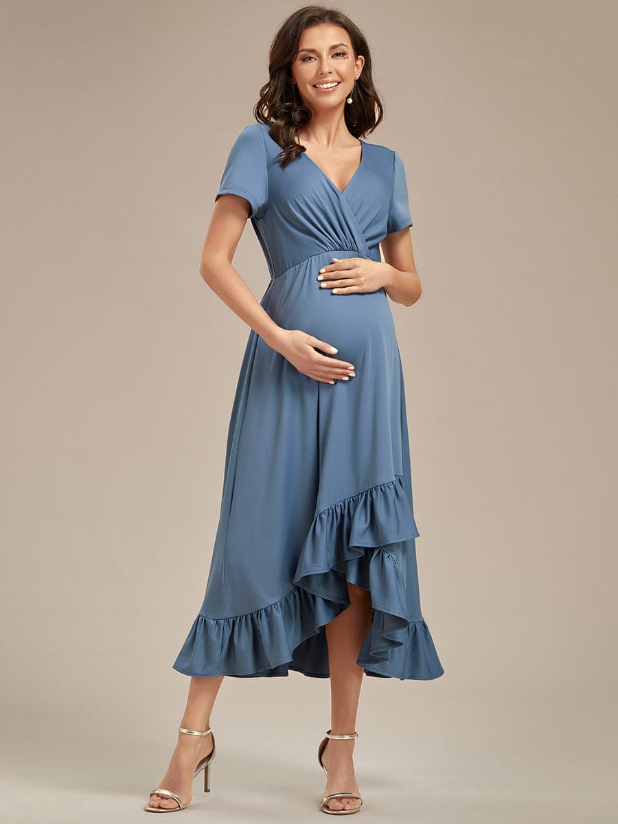 Ruffles High Low Hemline V-Neck High Stretch Maternity Dress #color_Dusty Navy