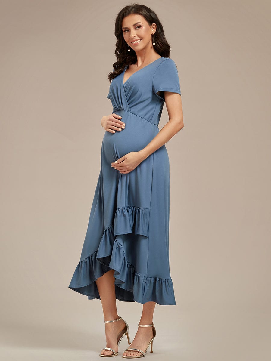 Ruffles High Low Hemline V-Neck High Stretch Maternity Dress #color_Dusty Navy