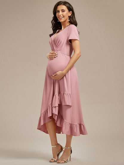 Ruffles High Low Hemline V-Neck High Stretch Maternity Dress #color_Dusty Rose