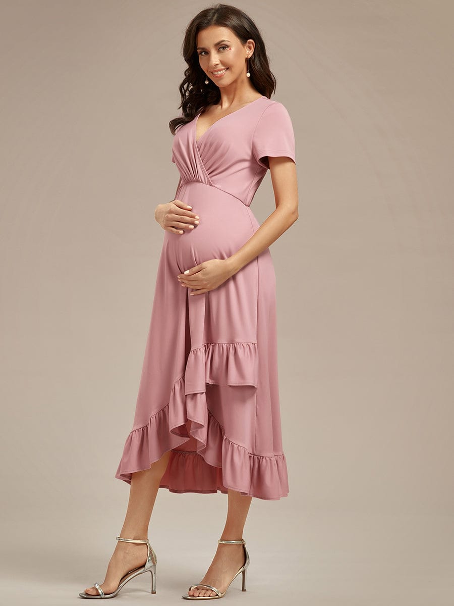 Ruffles High Low Hemline V-Neck High Stretch Maternity Dress #color_Dusty Rose